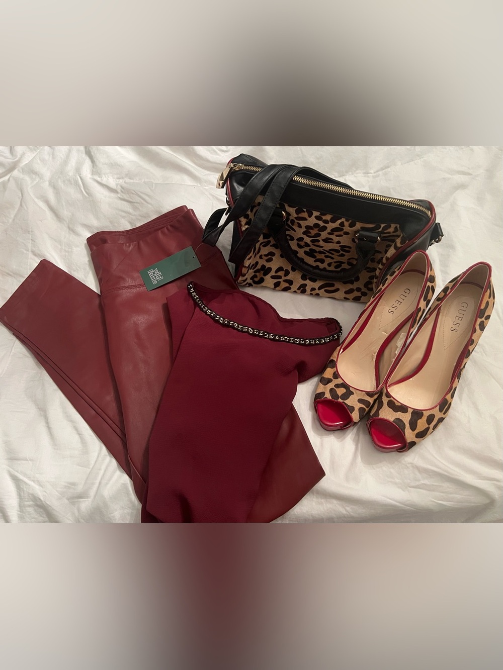 Steve Madden Purse Guess Shoes Faux Leather Leggings & Gold Chain-Trim Top Set